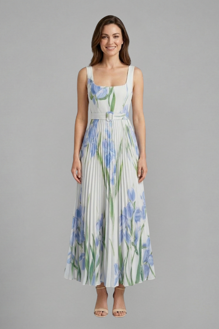 Casual sleeveless floral maxi dress for women, square neck, pleated skirt, stylish summer wear.