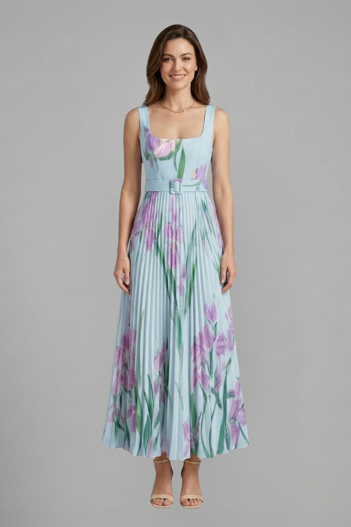 Stunning women's floral print maxi dress, featuring a square neckline and flowing pleated skirt.