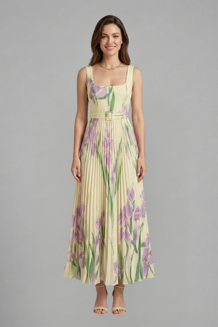 Sleeveless square neck floral maxi dress for women, elegant pleated skirt design, versatile.