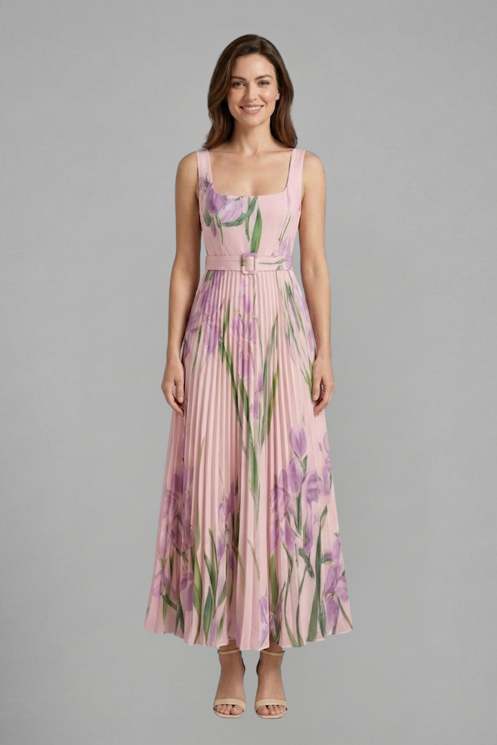 Beautiful women's floral summer maxi dress, square neck, pleated skirt, great for parties.
