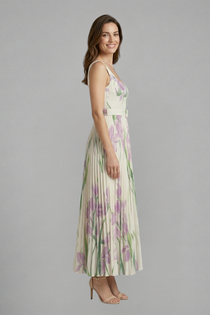Comfortable & elegant women's floral maxi dress, square neck, pleated skirt, everyday chic.
