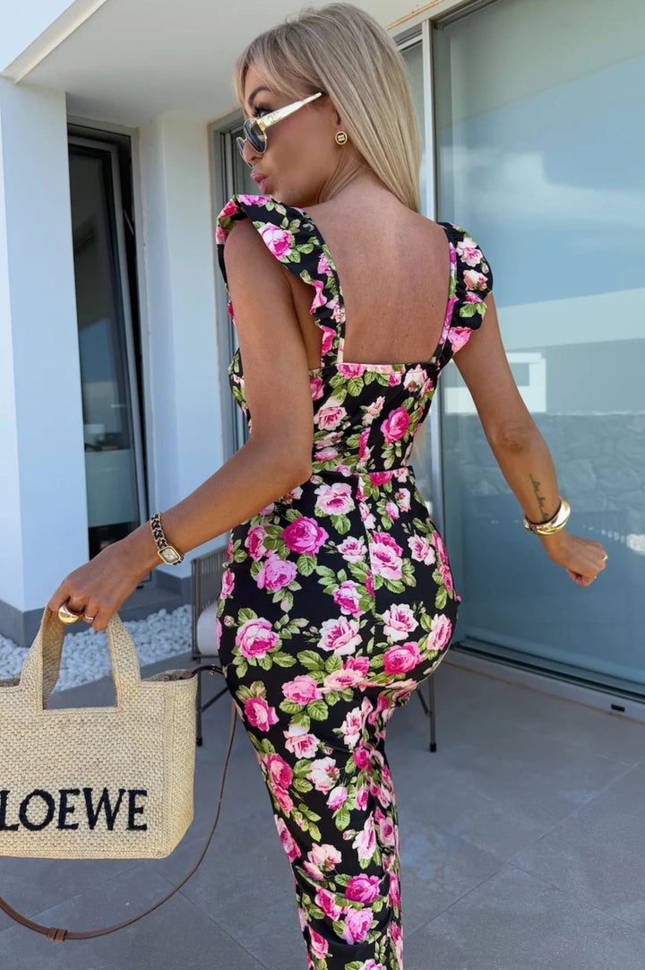 Chic women's floral midi dress for summer, featuring a sweetheart neckline, ruffle straps & stylish side slit.