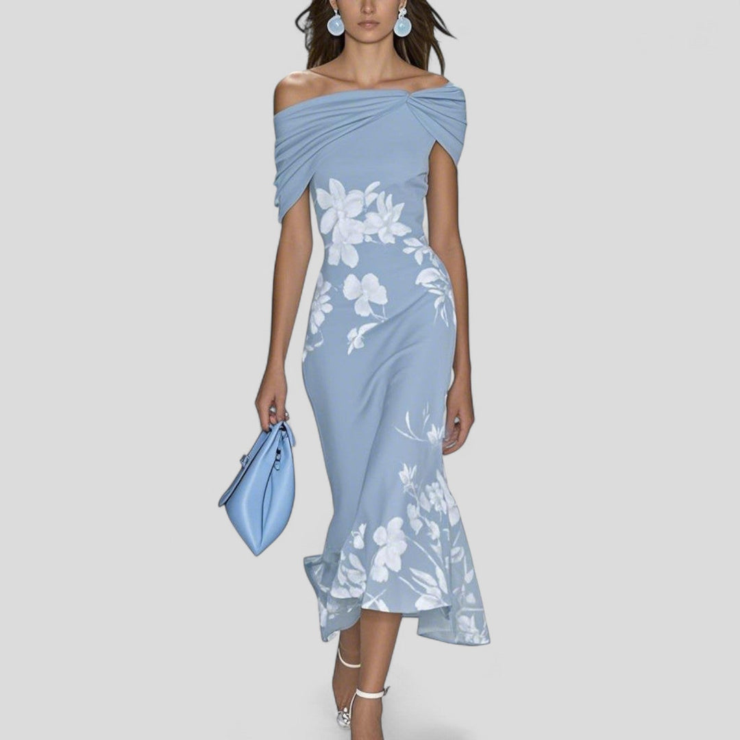 Elegant women's ruched off-shoulder floral bodycon midi dress. Ideal summer formal or special occasion party attire.