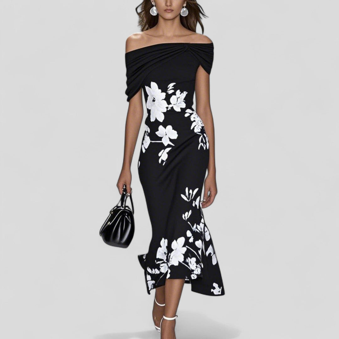 Stylish women's floral print off-shoulder bodycon midi dress with a flattering fishtail hem, great for formal events.