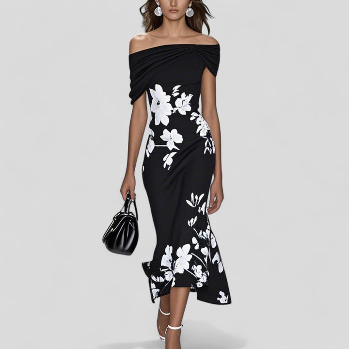 Stylish women's floral print off-shoulder bodycon midi dress with a flattering fishtail hem, great for formal events.