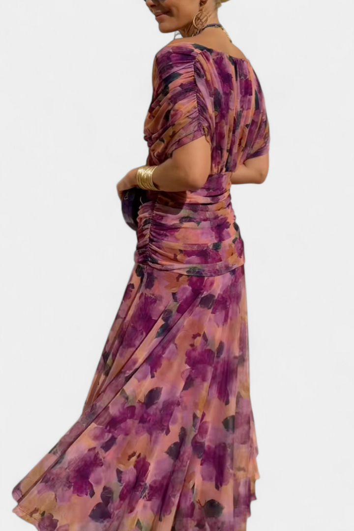 Flattering women's floral long sleeve off-shoulder dress. Elegant maxi gown for ceremonies & formal events.