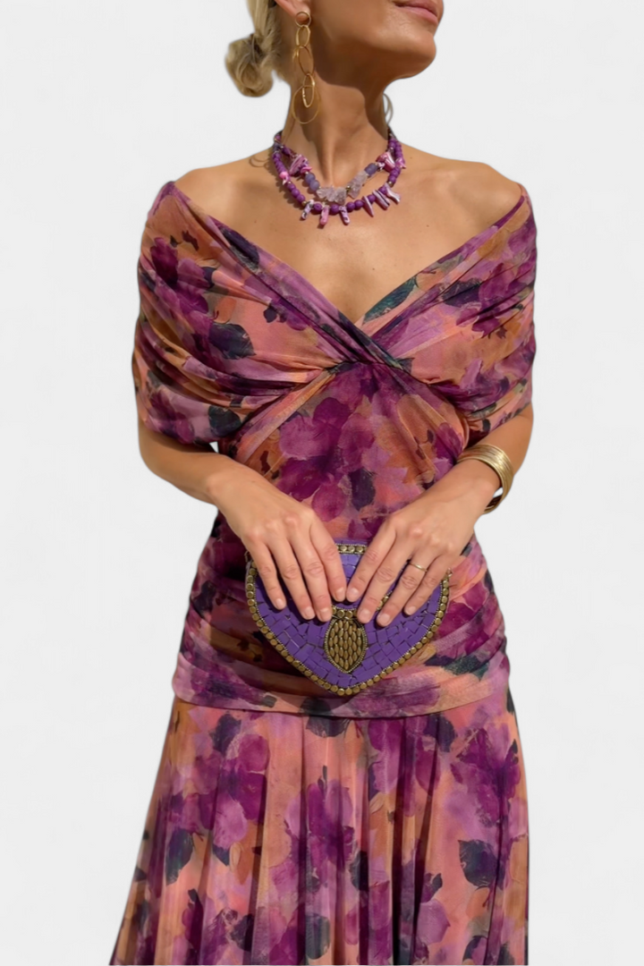 Women's elegant floral off-shoulder ruched maxi dress, perfect for parties & special events.
