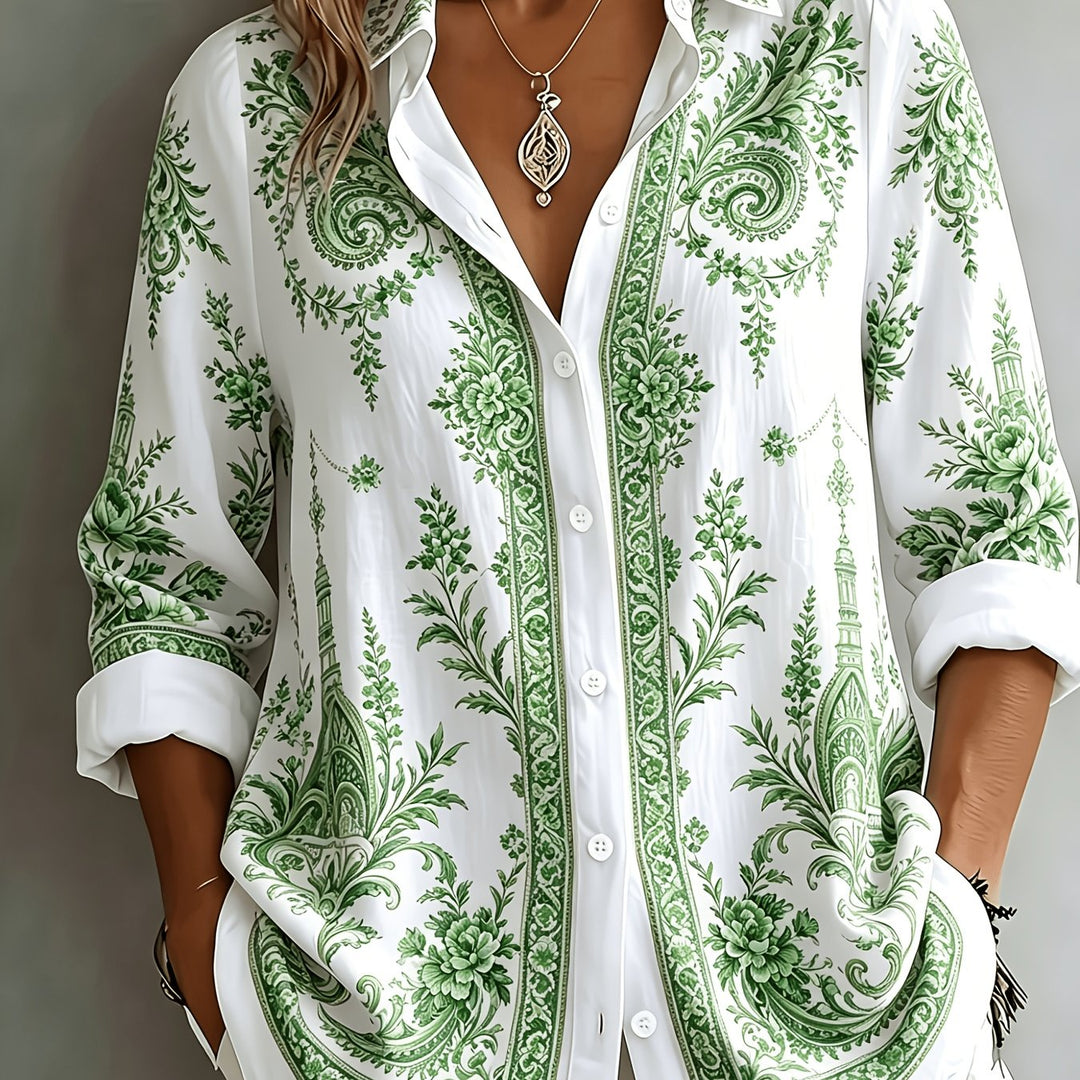Button-down women's oversized blouse with a beautiful floral paisley print, long sleeve.
