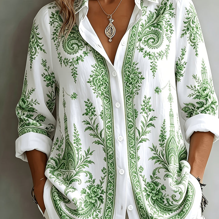 Button-down women's oversized blouse with a beautiful floral paisley print, long sleeve.