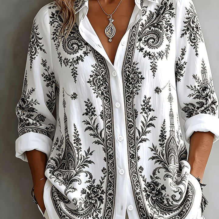 Women's casual long sleeve oversized blouse, featuring an elegant floral paisley print.