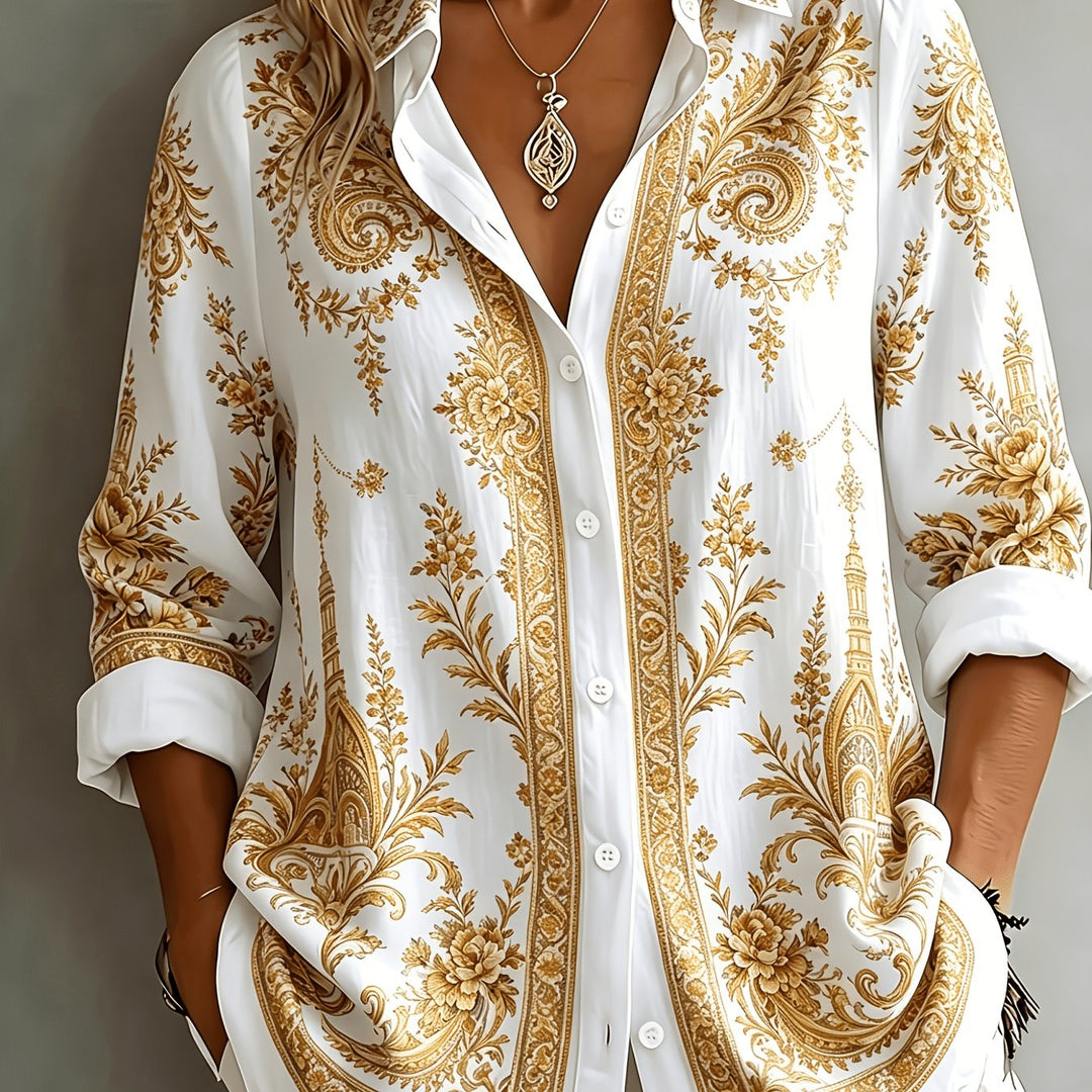 Relaxed fit women's floral paisley print oversized long sleeve top for versatile styling.