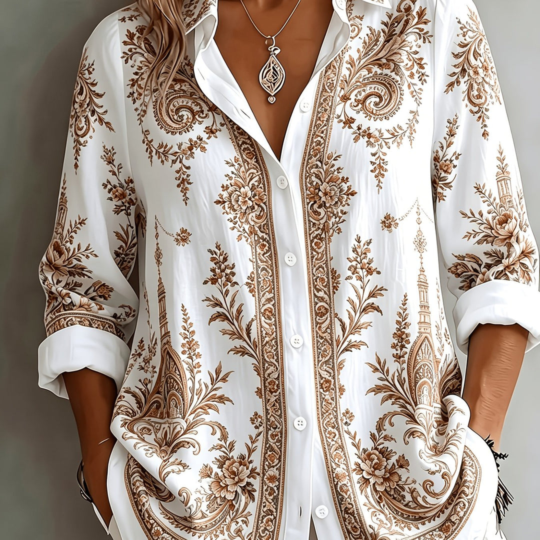 Women's spring/summer floral paisley print oversized blouse, long sleeve & breezy.