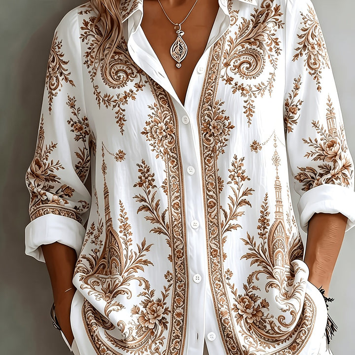 Women's spring/summer floral paisley print oversized blouse, long sleeve & breezy.