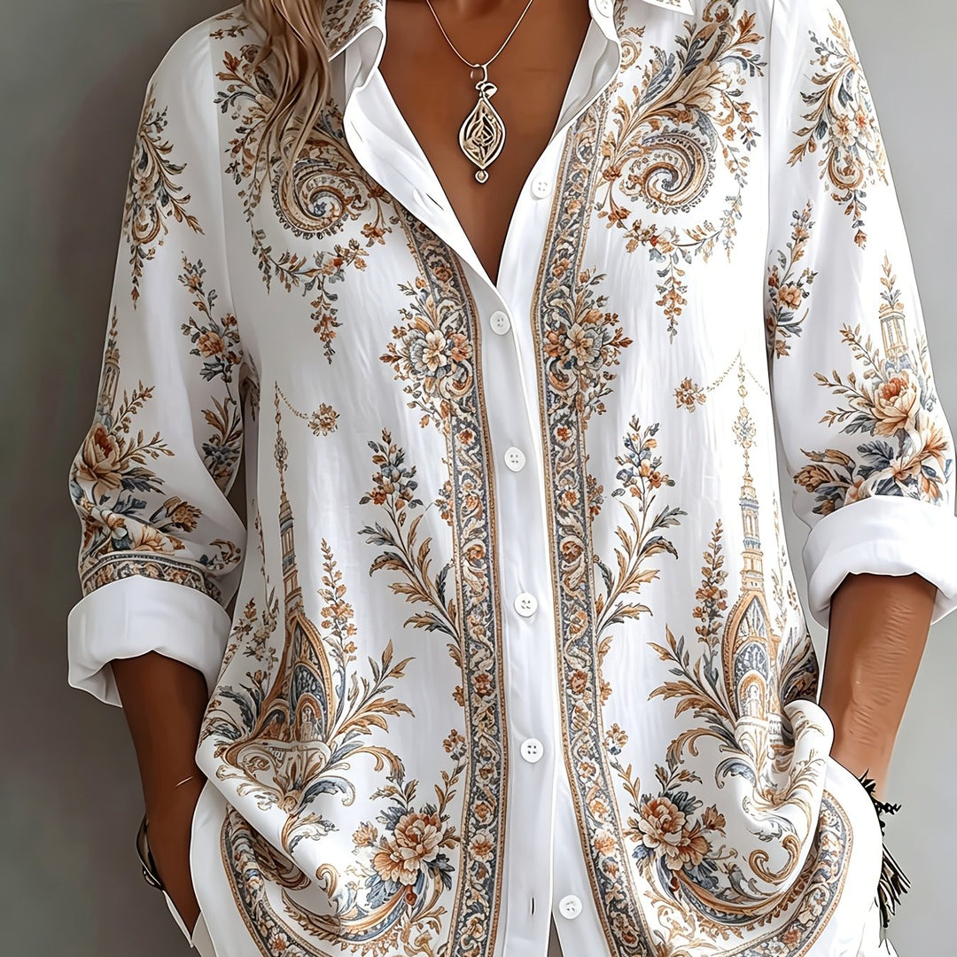 Women's oversized long sleeve top, boho-inspired floral paisley print for casual wear.
