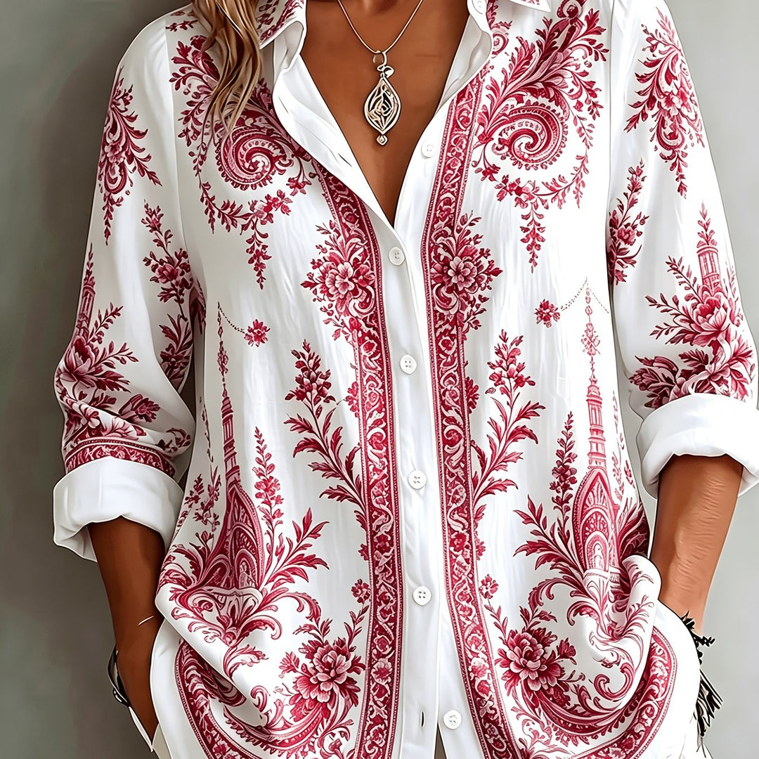 Stylish women's floral paisley print long sleeve oversized blouse, button-front design.