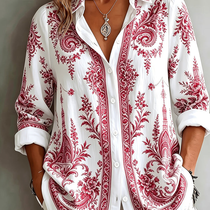 Stylish women's floral paisley print long sleeve oversized blouse, button-front design.