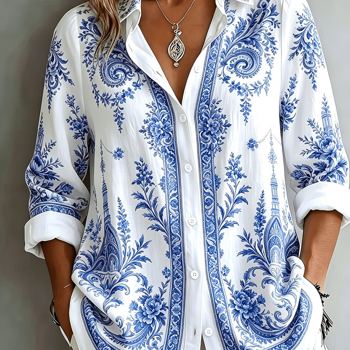 Comfortable women's floral paisley print oversized long sleeve blouse, perfect for everyday.