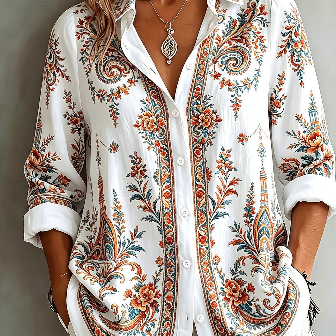 Women's versatile floral paisley print long sleeve oversized blouse, ideal for layering.