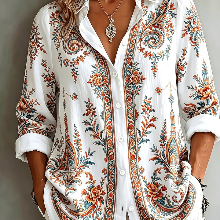 Women's versatile floral paisley print long sleeve oversized blouse, ideal for layering.