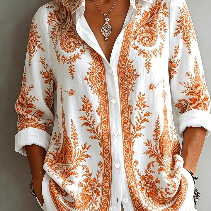 Women's printed long sleeve oversized blouse, featuring a unique floral paisley pattern.