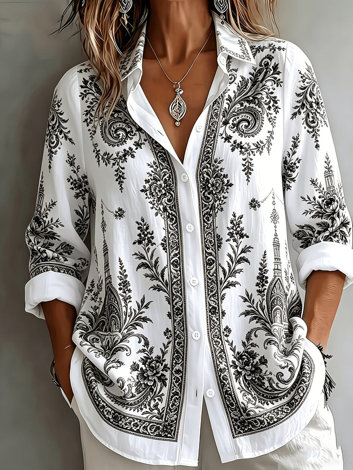 Boho style women's floral paisley print long sleeve oversized top, relaxed fit.