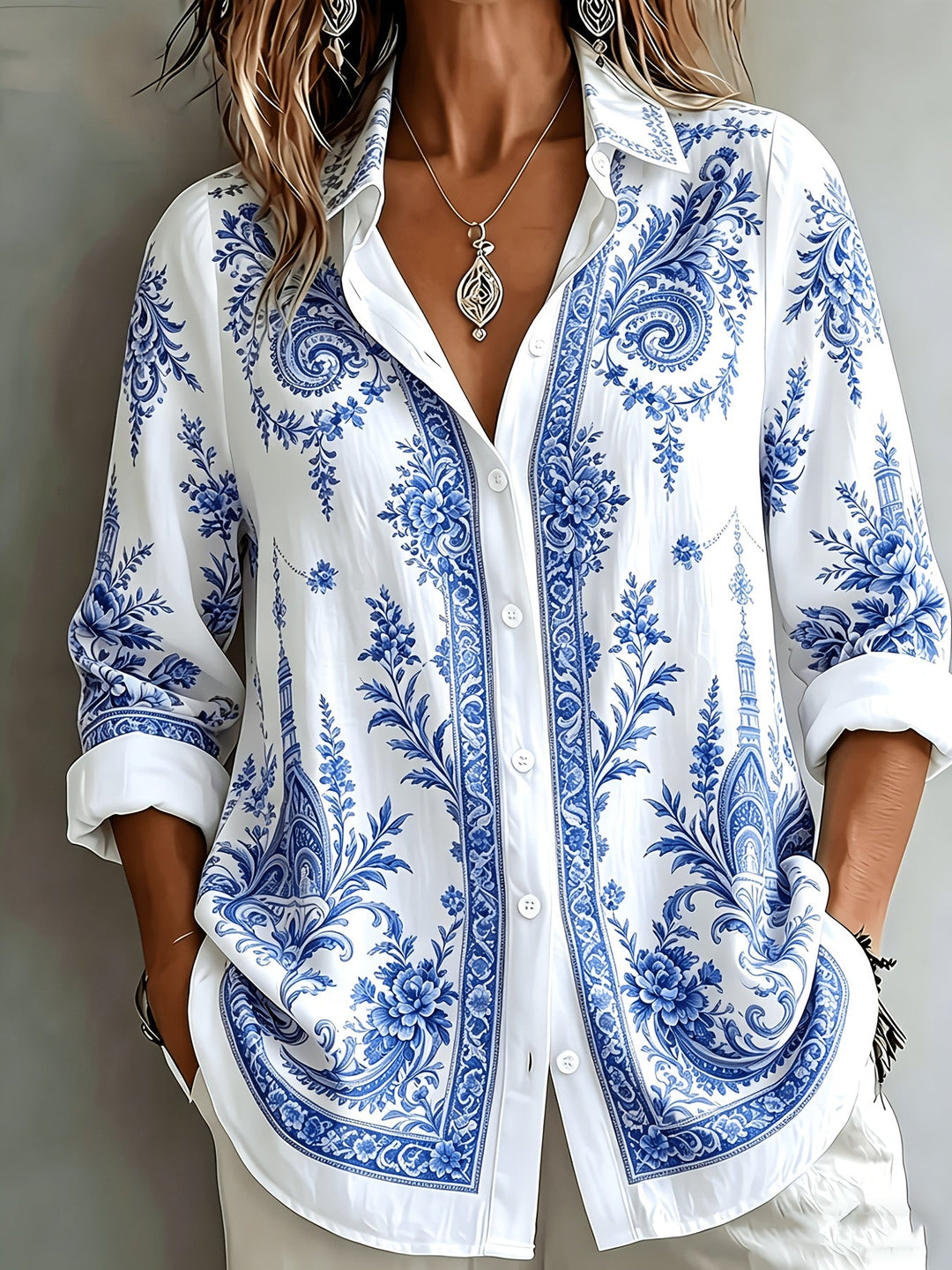 Versatile women's floral paisley print oversized long sleeve blouse for any season.