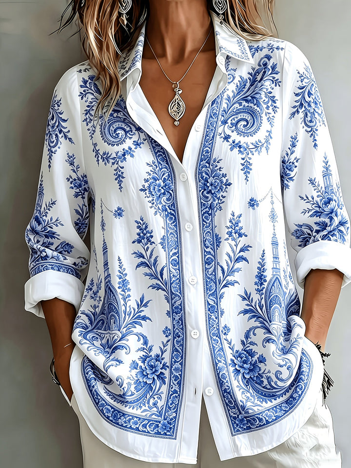 Versatile women's floral paisley print oversized long sleeve blouse for any season.