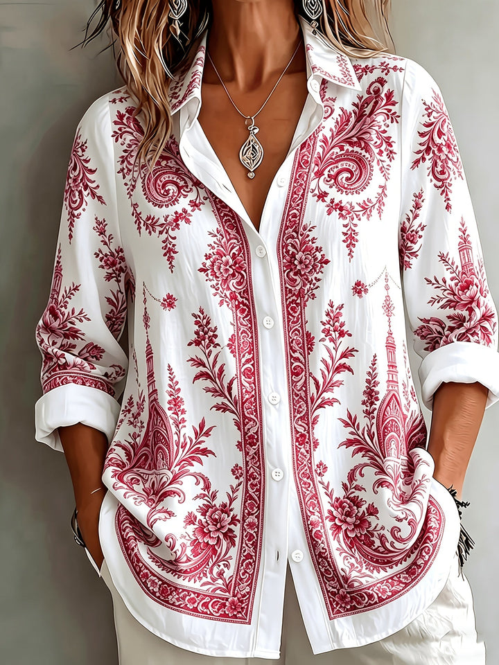 Relaxed fit women's floral paisley print long sleeve blouse, ideal for summer & autumn.