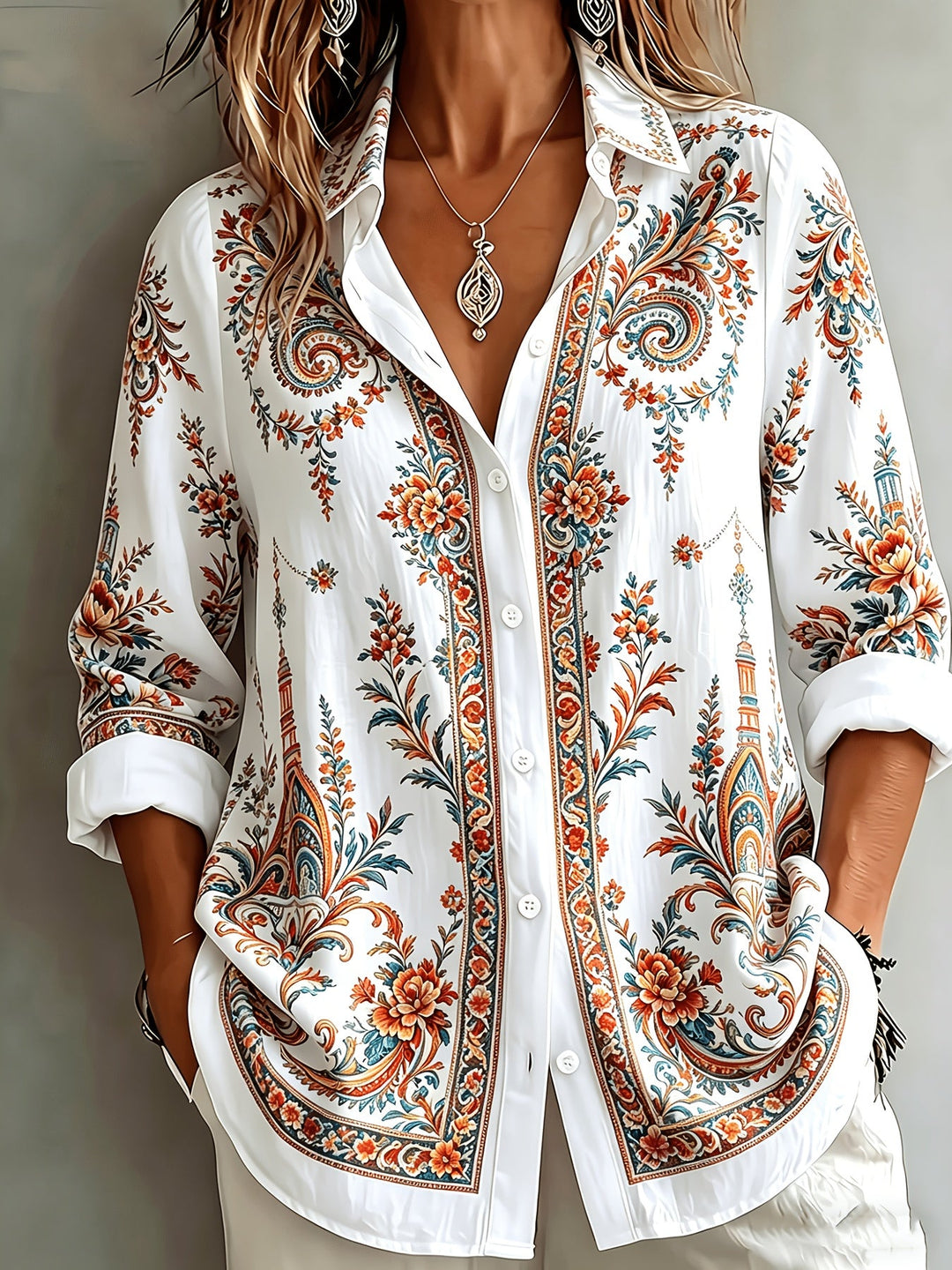 Chic women's oversized floral paisley print blouse, long sleeve, perfect for casual outings.
