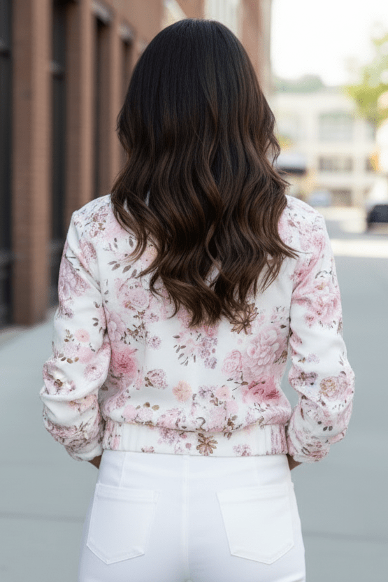 Floral performance stretch jacket for women, perfect as active outerwear or a lightweight workout top.
