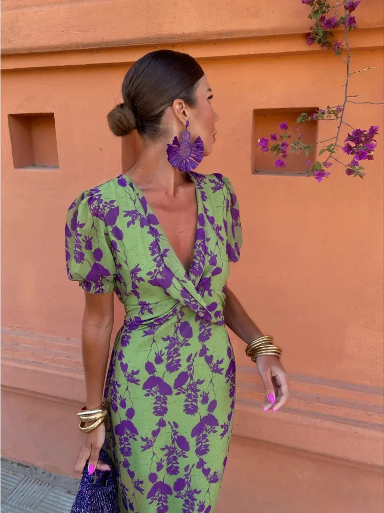 Women's floral print maxi dress with a stylish wrap V-neck, perfect for summer outings.