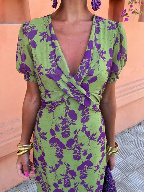 Elegant women's long floral print maxi dress, a casual yet chic V-neck wrap for spring.