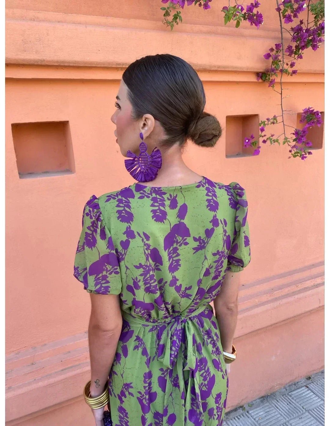 Green floral print maxi dress for women, featuring a flattering wrap V-neck and short sleeves.