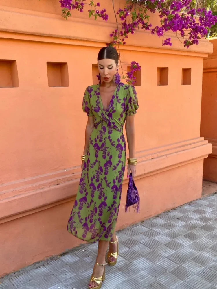 Comfortable women's floral wrap V-neck maxi dress, a beautiful long printed design for warm weather.