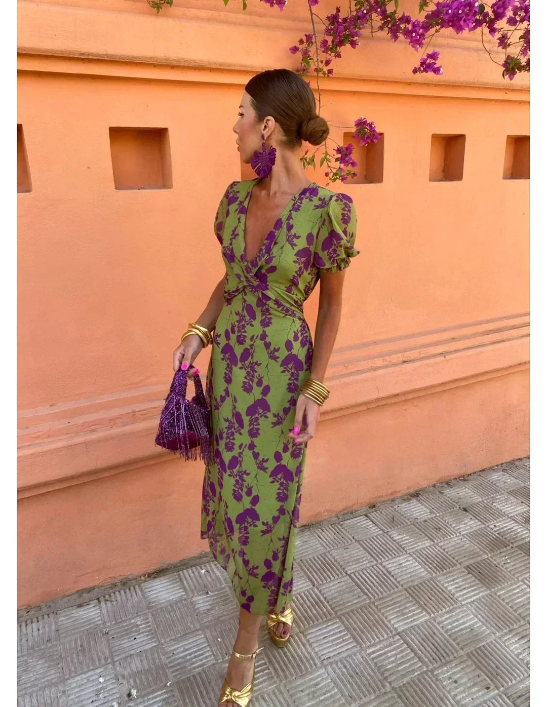 Flowing women's floral print maxi dress with an elegant wrap V-neck, ideal for spring & summer.