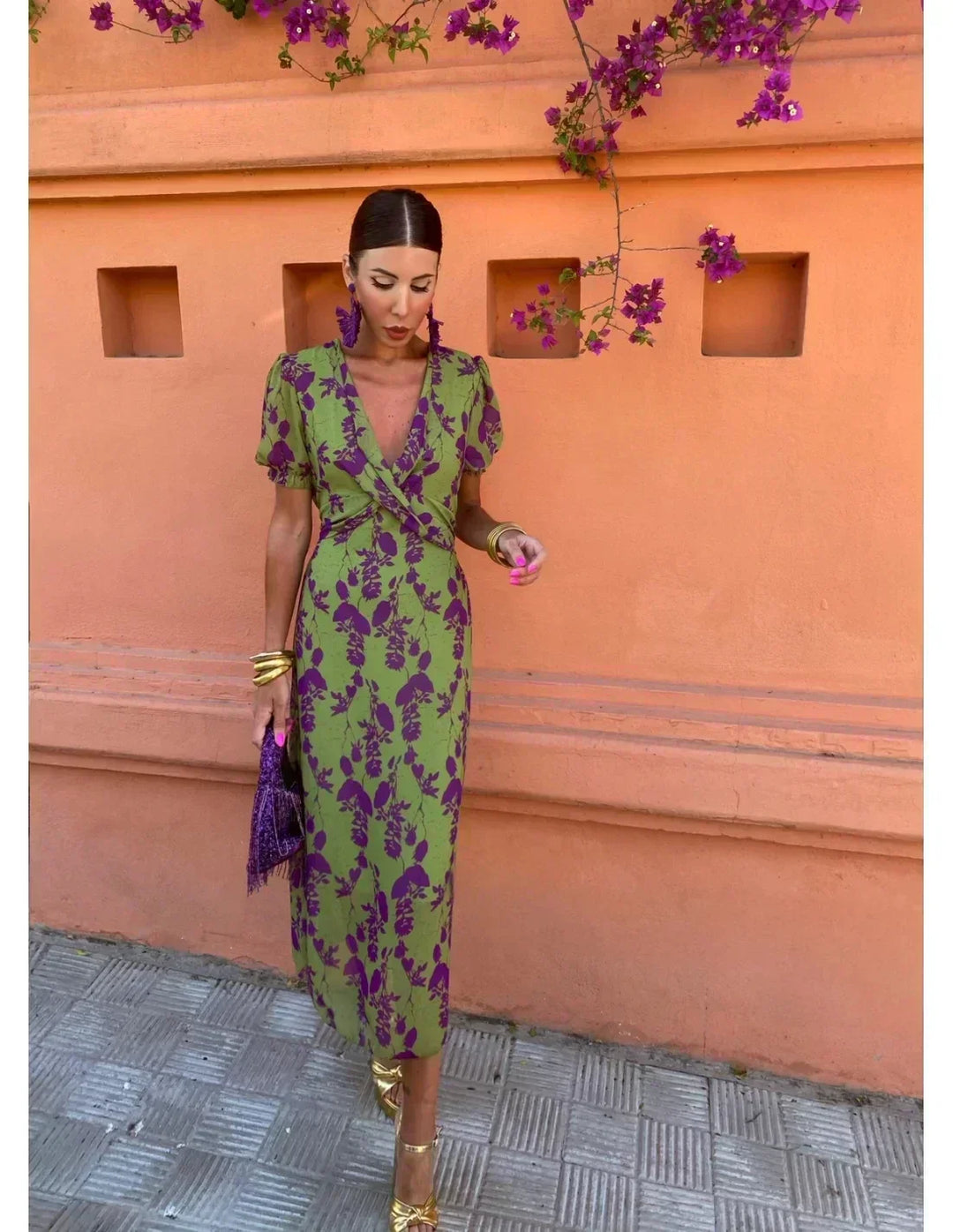Versatile women's floral wrap V-neck maxi dress, a chic long summer or spring dress with beautiful print.