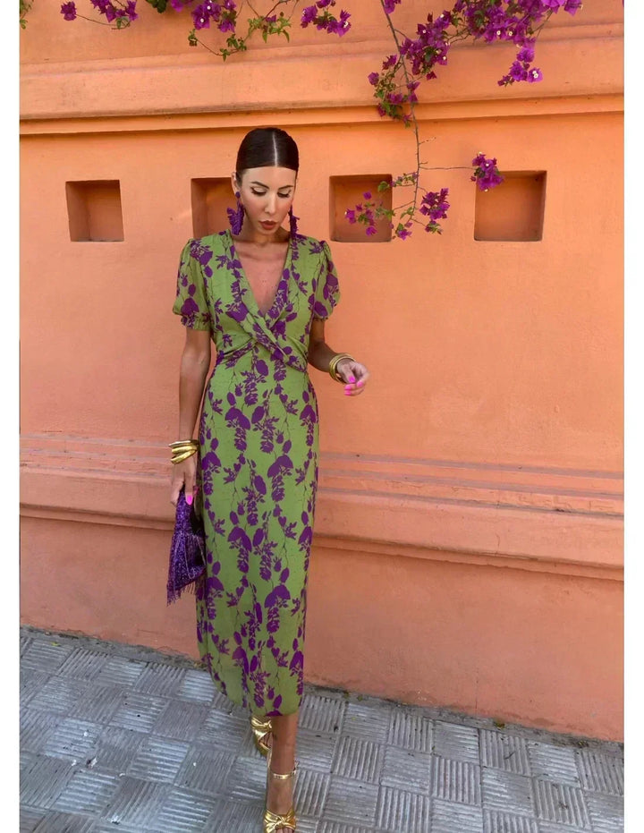 Versatile women's floral wrap V-neck maxi dress, a chic long summer or spring dress with beautiful print.