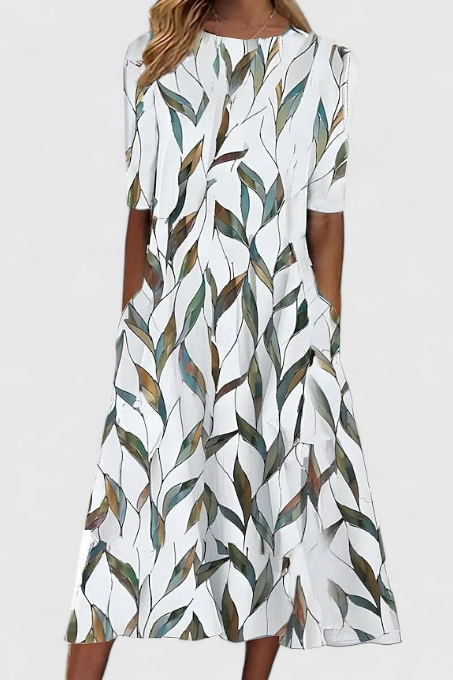 Elegant women's floral print midi dress with A-line silhouette, short sleeves & pockets. Comfortable for summer.