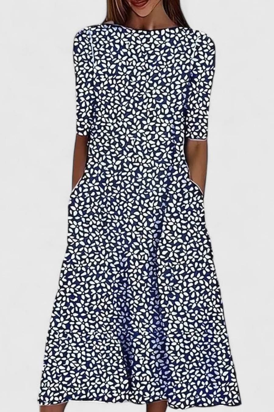 Casual women's floral midi dress, A-line cut with convenient pockets. Short sleeve, perfect for warm weather.