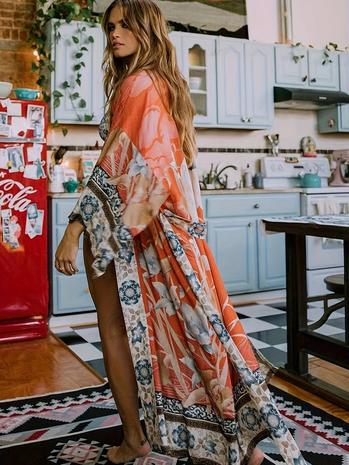Women's floral print resort kimono. Lightweight beach cover-up for summer fashion & vacation.