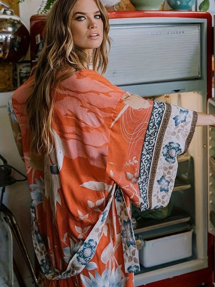 Boho chic women's lightweight floral print kimono. Perfect open-front beach cover-up & resort wear.