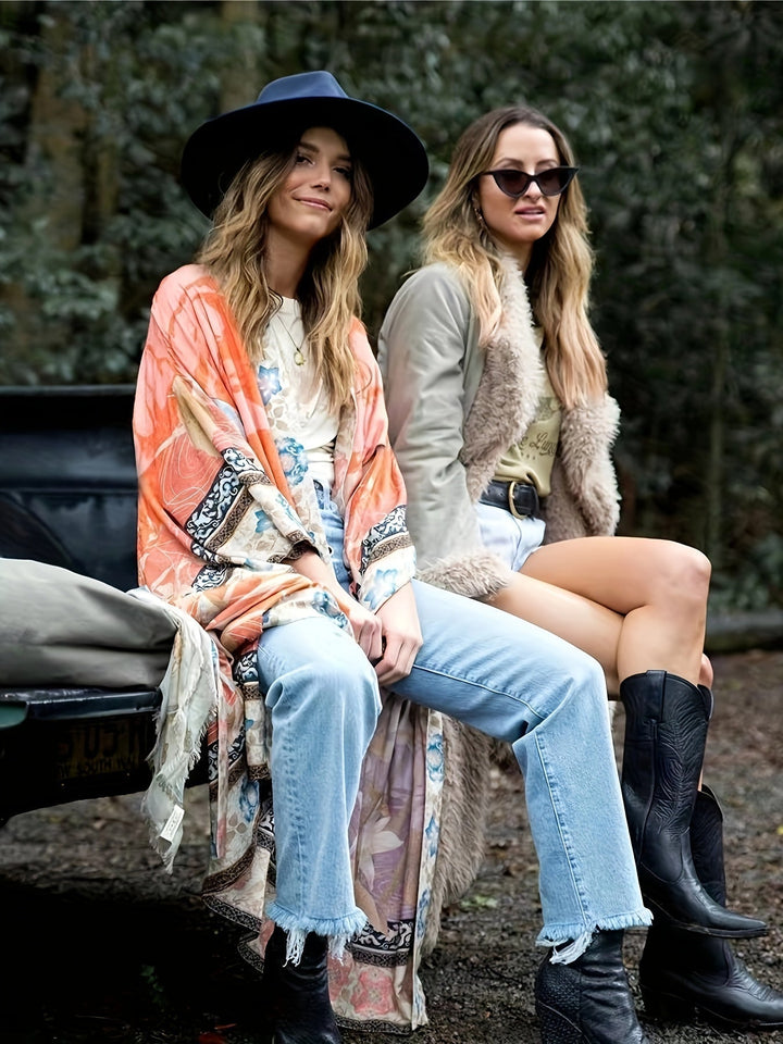 Elegant women's floral print resort kimono. Ideal lightweight beach cover-up for summer vacation outfits.