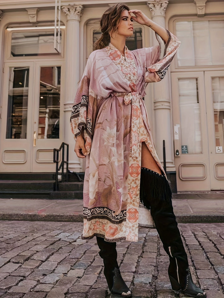 Stylish women's floral print kimono. A lightweight, boho chic open-front beach cover-up for resort wear.