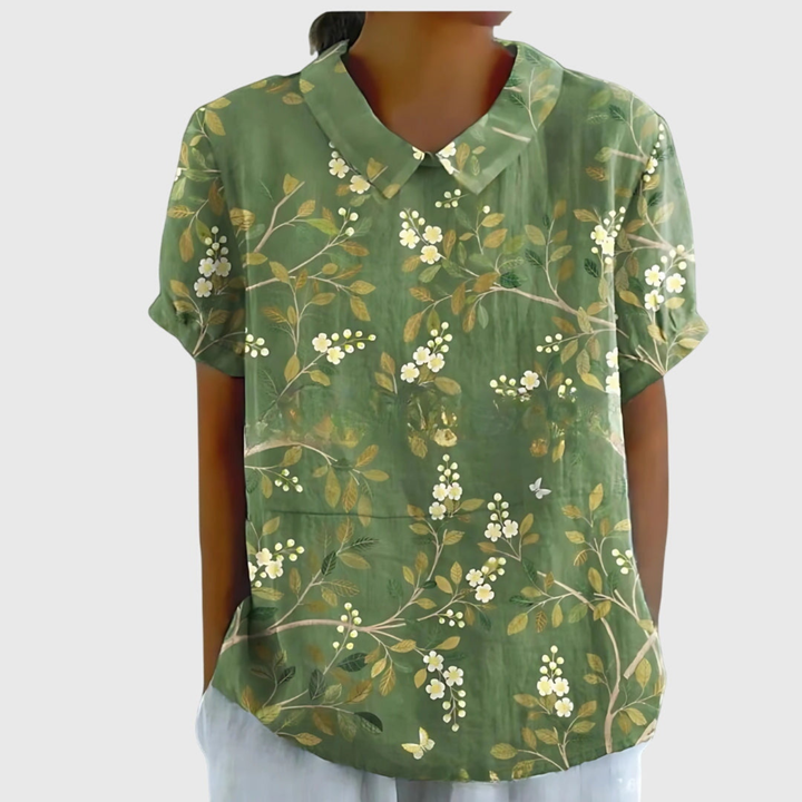 Elegant yet casual women's floral print short sleeve collared blouse for effortless spring style.