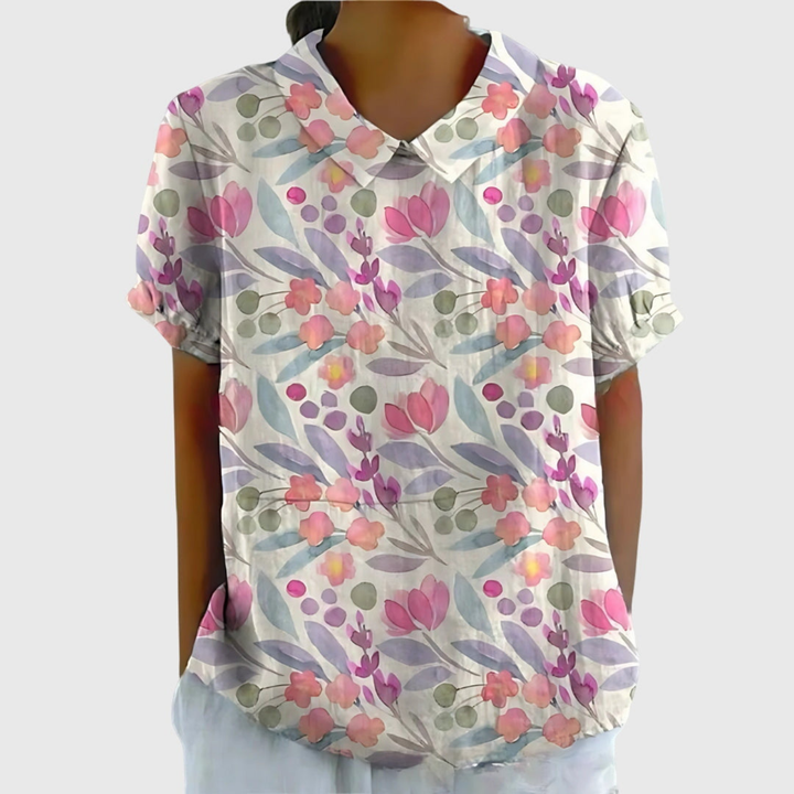 Comfortable women's floral print short sleeve collared blouse, great for everyday casual style.