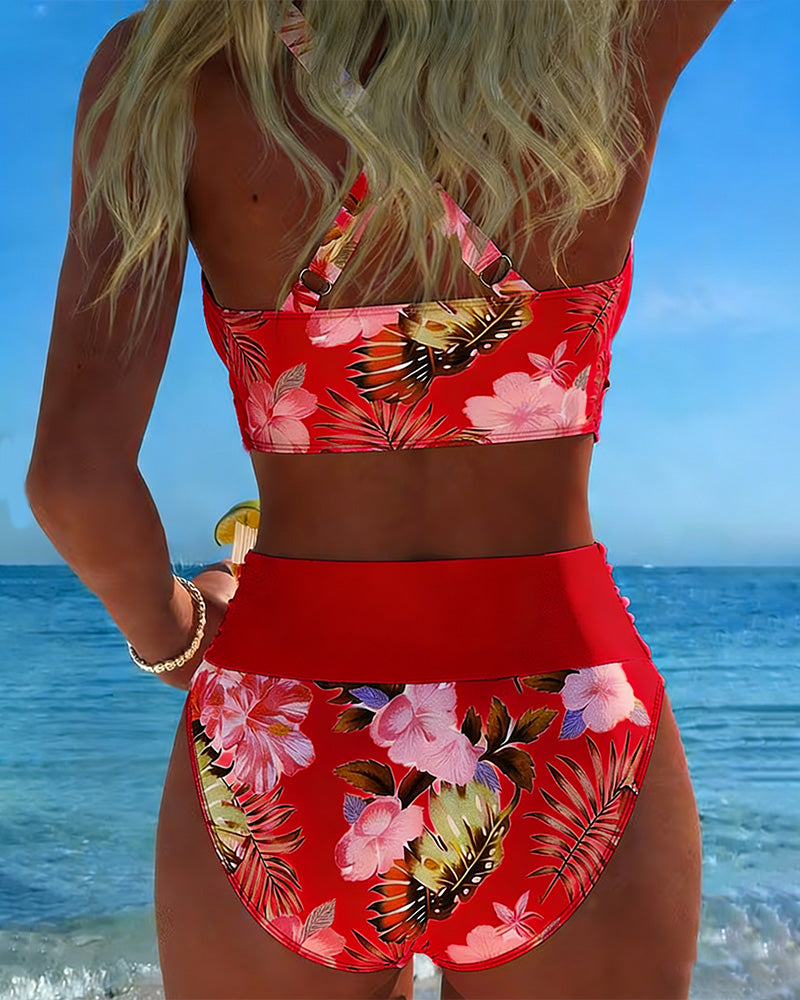 Feminine floral print split bikini for women, stylish summer swimwear for vacation.