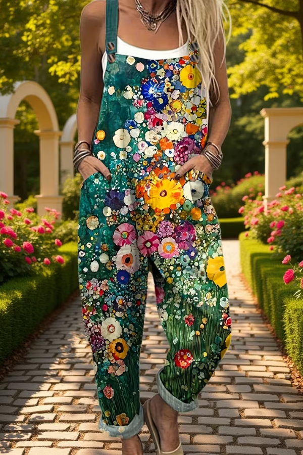 Women's floral print suspender jumpsuit. Casual, comfortable relaxed fit for summer or spring everyday wear. Stylish vacation outfit.