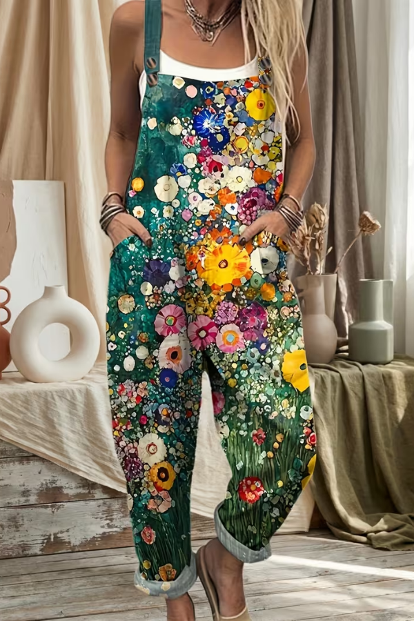 Comfortable women's floral suspender jumpsuit featuring a relaxed fit. Ideal for casual spring/summer outfits & vacation.