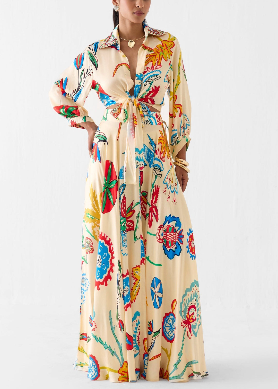 Women's floral print tie-front shirt & maxi skirt set, perfect for summer resort wear.