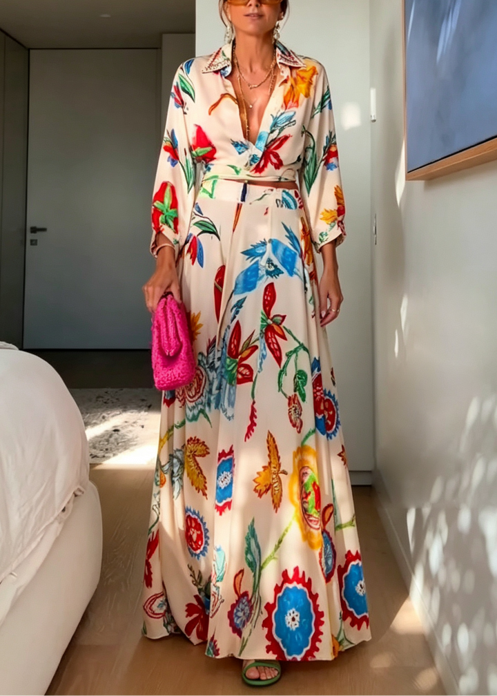 Boho chic women's matching set: floral print tie-front top & long maxi skirt, ideal for summer.